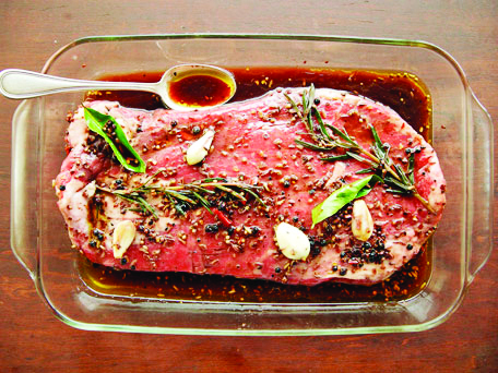 Flank Steak Marinating in a Glass Dish, From Above