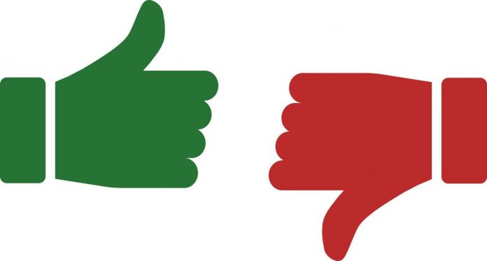 thumb up and thumb down the thumbs up and thumbs down icons are green and red vector 696x373