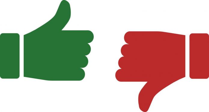 thumb up and thumb down the thumbs up and thumbs down icons are green and red vector 696x373 1