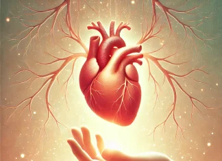 dall·e 2025 03 15 10.30.13 a symbolic illustration representing organ donation. a pair of hands gently holding a glowing heart, with tree roots extending from the heart to symbo