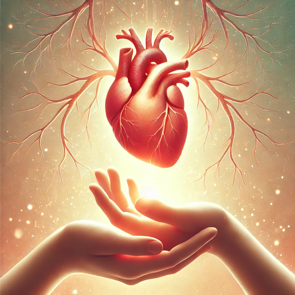 dall·e 2025 03 15 10.30.13 a symbolic illustration representing organ donation. a pair of hands gently holding a glowing heart, with tree roots extending from the heart to symbo