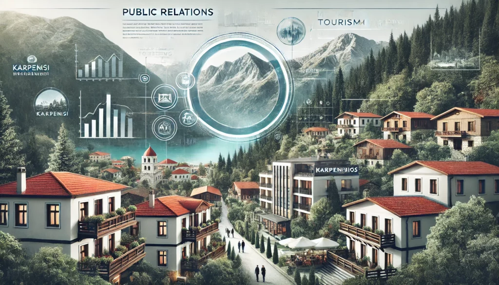 dall·e 2025 03 18 12.12.05 a modern tourism marketing concept featuring karpenisi, greece. the image includes a picturesque mountain town with lush green forests, a charming tra