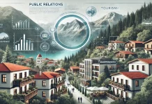 dall·e 2025 03 18 12.12.05 a modern tourism marketing concept featuring karpenisi, greece. the image includes a picturesque mountain town with lush green forests, a charming tra