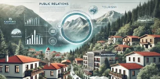 dall·e 2025 03 18 12.12.05 a modern tourism marketing concept featuring karpenisi, greece. the image includes a picturesque mountain town with lush green forests, a charming tra