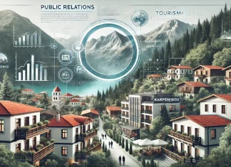 dall·e 2025 03 18 12.12.05 a modern tourism marketing concept featuring karpenisi, greece. the image includes a picturesque mountain town with lush green forests, a charming tra