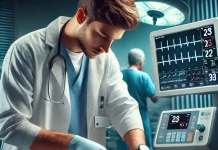 dall·e 2025 03 20 10.05.07 a realistic image of a doctor using a defibrillator to resuscitate a patient. the doctor is wearing medical scrubs and gloves, applying the defibrilla