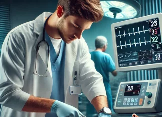 dall·e 2025 03 20 10.05.07 a realistic image of a doctor using a defibrillator to resuscitate a patient. the doctor is wearing medical scrubs and gloves, applying the defibrilla