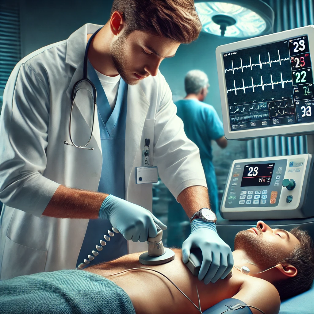 dall·e 2025 03 20 10.05.07 a realistic image of a doctor using a defibrillator to resuscitate a patient. the doctor is wearing medical scrubs and gloves, applying the defibrilla
