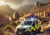 dall e 2025 03 21 17.03.40 a realistic scene of an ekab emergency vehicle parked in a rugged cretan landscape. the setting features rocky terrain sparse vegetation and a tradi