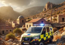 dall e 2025 03 21 17.03.40 a realistic scene of an ekab emergency vehicle parked in a rugged cretan landscape. the setting features rocky terrain sparse vegetation and a tradi