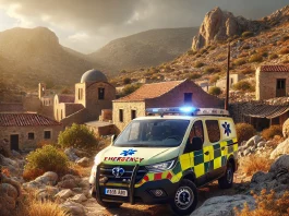 dall e 2025 03 21 17.03.40 a realistic scene of an ekab emergency vehicle parked in a rugged cretan landscape. the setting features rocky terrain sparse vegetation and a tradi