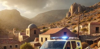 dall e 2025 03 21 17.03.40 a realistic scene of an ekab emergency vehicle parked in a rugged cretan landscape. the setting features rocky terrain sparse vegetation and a tradi