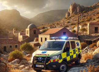 dall e 2025 03 21 17.03.40 a realistic scene of an ekab emergency vehicle parked in a rugged cretan landscape. the setting features rocky terrain sparse vegetation and a tradi