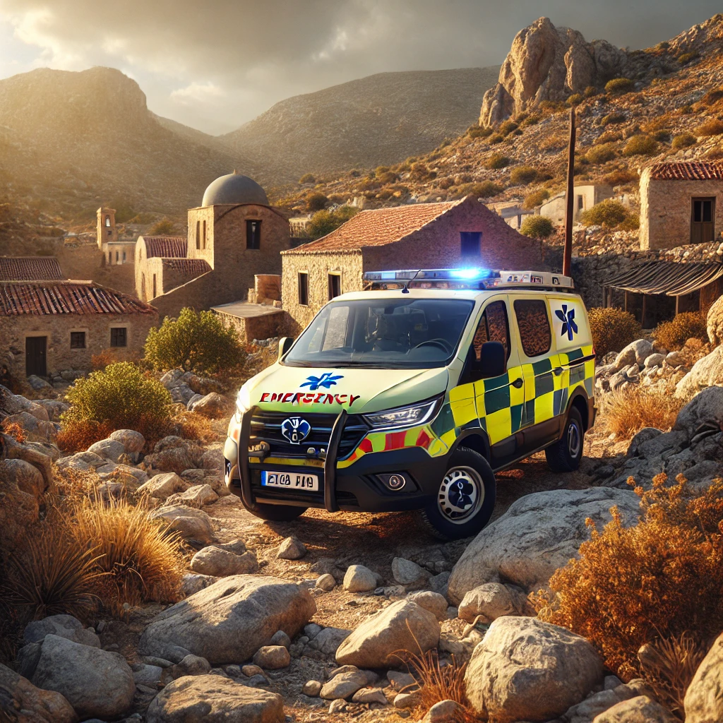 dall e 2025 03 21 17.03.40 a realistic scene of an ekab emergency vehicle parked in a rugged cretan landscape. the setting features rocky terrain sparse vegetation and a tradi