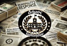 dall e 2025 03 24 11.37.14 a symbolic image of a local government office with a blurred logo of the municipality of karpenisi surrounded by newspapers with bold headlines like 