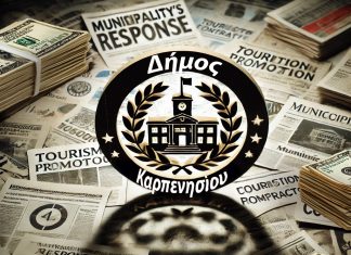 dall e 2025 03 24 11.37.14 a symbolic image of a local government office with a blurred logo of the municipality of karpenisi surrounded by newspapers with bold headlines like 