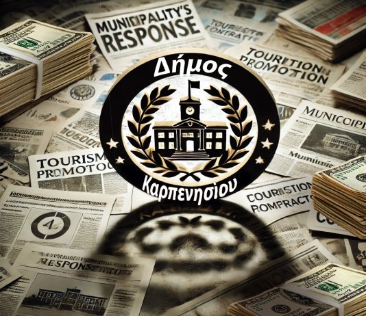 dall e 2025 03 24 11.37.14 a symbolic image of a local government office with a blurred logo of the municipality of karpenisi surrounded by newspapers with bold headlines like 