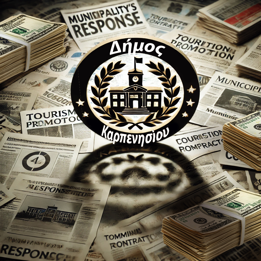 dall e 2025 03 24 11.37.14 a symbolic image of a local government office with a blurred logo of the municipality of karpenisi surrounded by newspapers with bold headlines like