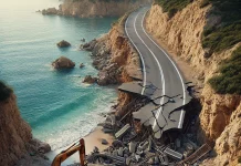 dall e 2025 04 17 13.21.11 a highly realistic photo style image of a collapsed coastal road in greece before it was inaugurated. the asphalt is visibly cracked and partially fa