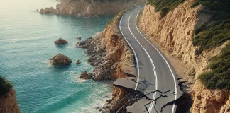 dall e 2025 04 17 13.21.11 a highly realistic photo style image of a collapsed coastal road in greece before it was inaugurated. the asphalt is visibly cracked and partially fa