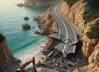dall e 2025 04 17 13.21.11 a highly realistic photo style image of a collapsed coastal road in greece before it was inaugurated. the asphalt is visibly cracked and partially fa