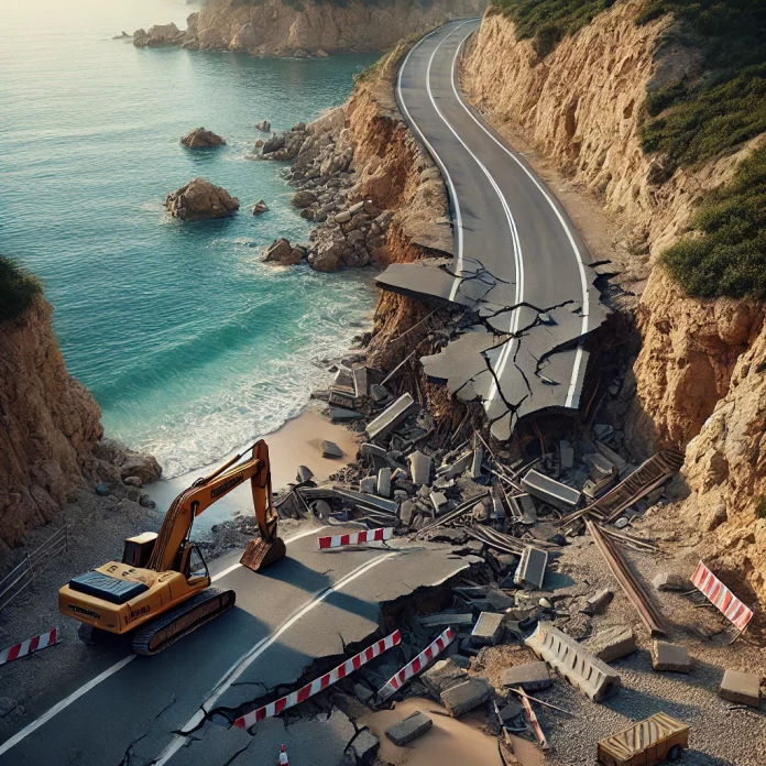 dall e 2025 04 17 13.21.11 a highly realistic photo style image of a collapsed coastal road in greece before it was inaugurated. the asphalt is visibly cracked and partially fa