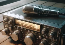 dall e 2025 04 21 21.34.26 a realistic close up image of a vintage amateur radio transceiver sitting on a wooden table. the radio is detailed with knobs dials a glowing freque
