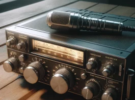 dall e 2025 04 21 21.34.26 a realistic close up image of a vintage amateur radio transceiver sitting on a wooden table. the radio is detailed with knobs dials a glowing freque