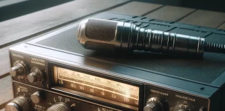 dall e 2025 04 21 21.34.26 a realistic close up image of a vintage amateur radio transceiver sitting on a wooden table. the radio is detailed with knobs dials a glowing freque