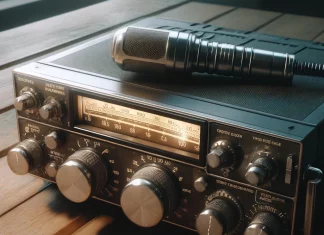 dall e 2025 04 21 21.34.26 a realistic close up image of a vintage amateur radio transceiver sitting on a wooden table. the radio is detailed with knobs dials a glowing freque