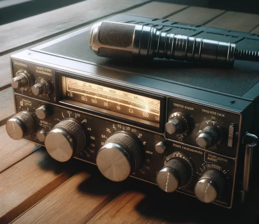 dall e 2025 04 21 21.34.26 a realistic close up image of a vintage amateur radio transceiver sitting on a wooden table. the radio is detailed with knobs dials a glowing freque